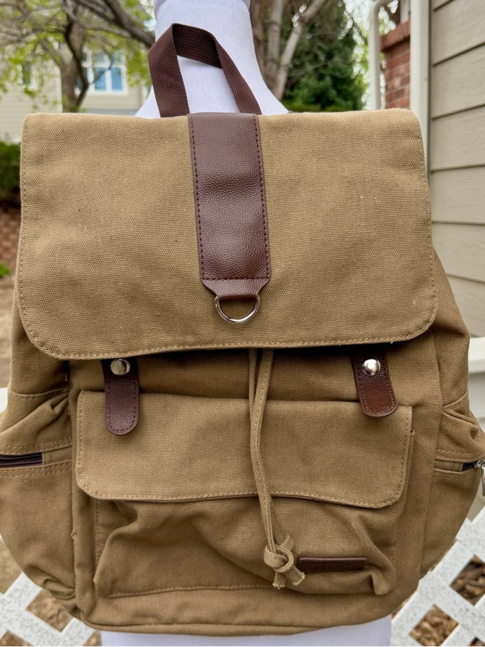 Bella Russo Canvas Backpack Unisex Drawstring Flap Zipper Pockets Faux Leather - Picture 2 of 11